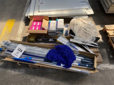 Lot of cleaning supplies, such as: mop, cloths, floor washers and vinyl gloves