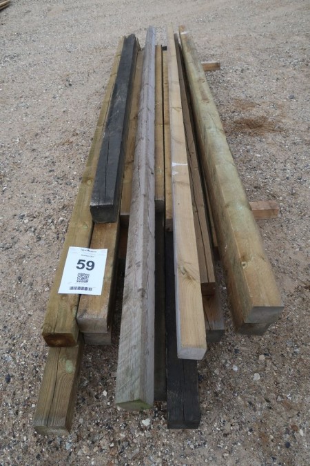 57.1 meter posts, pressure impregnated. 18 meters 75x75 mm, length 3/240, 1/330, 1/360, 1/390 cm. 39.1 meters 100x100 mm, length 1/250, 2/270, 6/330, 2/360, 1/420 cm