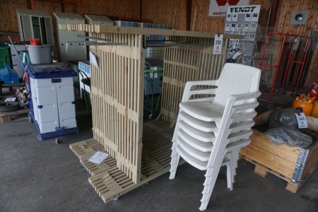 3 pcs clothes racks on wheels + 6 pcs plastic chairs