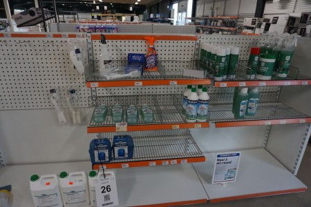 Various cleaning products and care products on the shelf.