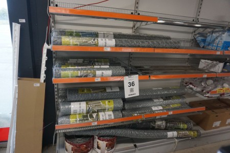 Various chicken wires + 2 rolls of barbed wire + 8 plastic fence posts on a shelf