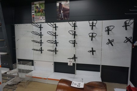 Exhibition shelf for wall with perforated plates and 19 pcs. saddle suspension