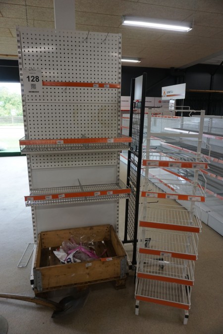 Exhibition shelf with perforated plates + 2 exhibition trolleys on wheels