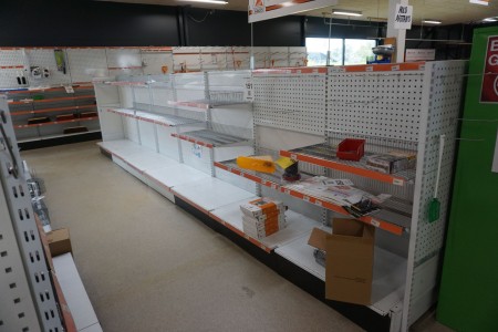 Exhibition shelf with perforated plates and shelves + 2 pcs. end shelving.