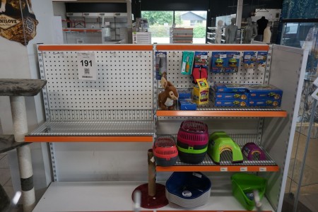 Exhibition shelf with perforated plates and shelves + content of various feeds, equipment, etc. for hamsters, rabbits.