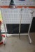 Exhibition shelf with perforated plates + content of children's brooms, rakes, etc.