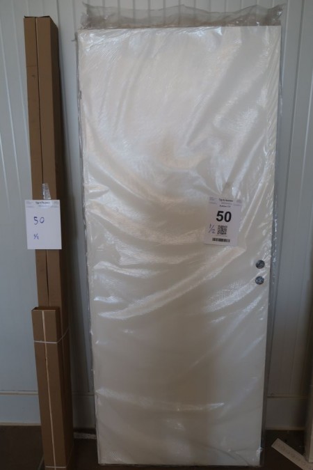 Interior door with frame. Door: 825x2040x40 mm, white. Frame width 100 mm, white, without base