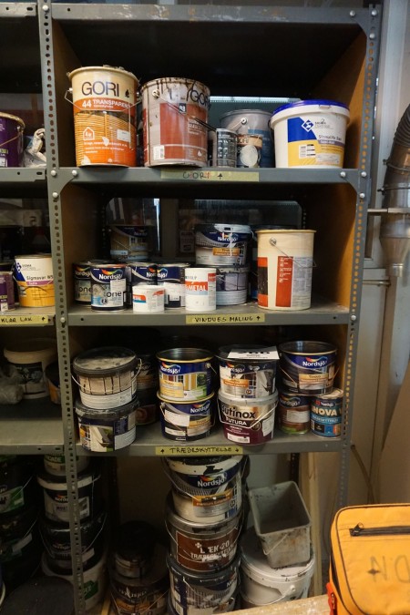 Steel shelf 2 compartments with content in 1 compartment shelf of various masonry paint, wood paint, oil.