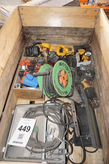 Various power tools, cable drum, charger, lamps, etc.