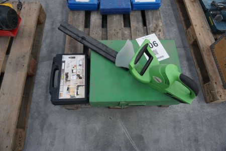 Garden hedge trimmer on battery + Quick Drive plaster screw, model: PRO51 + wooden box with contents