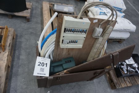 Electrical board + wooden box + 2 tool boxes etc.