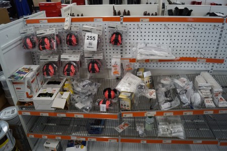 Lot of hearing protection, earplugs, safety glasses, patches, etc.