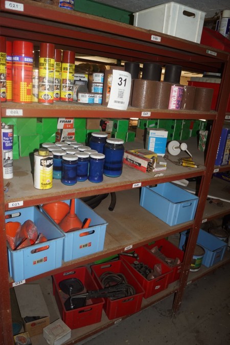 Contents in 1 compartment shelf of various filters, engine, funnels, spare parts etc.