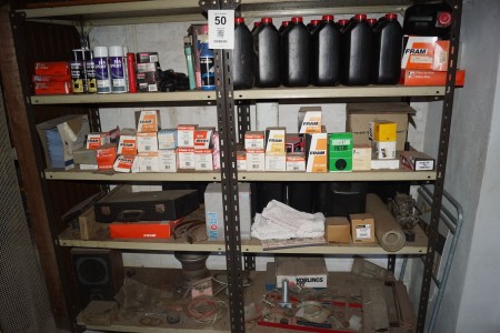 Contents in 2 compartments shelf of miscellaneous, oil filter, spray, cans, spare parts etc.