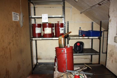Various oils, broached, on steel shelving, various heights
