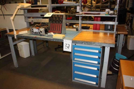 Work Bench, 225x75 cm with drawer, Bott Compact, with content + rack + 2 PC-tables + chairs
