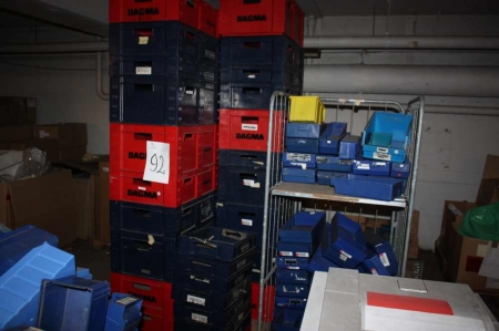 Pallet with plastic boxes + grid trolley with assortment boxes, plastic