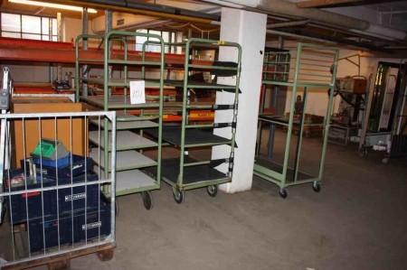 Grid Pallet with plastic boxes, etc. + cabinet with content + 3 trolley with shelves and branches