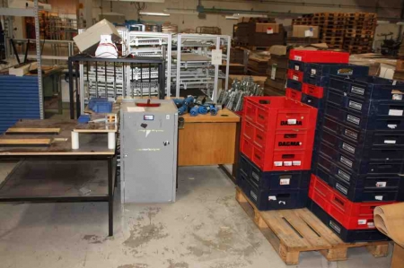 Tool Box, Steel + assembly table + electrical connector + trolley with electric parts + 2 PC tables + pallet with plastic boxes