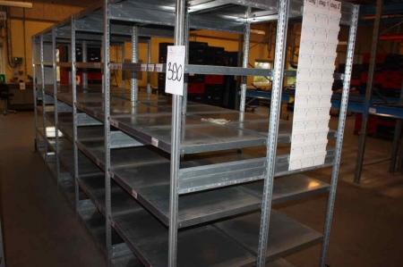 10 sections steel shelving (section: width app. 100 cm x height app. 190 cm x debth app. 60 cm) + 4 truck guards