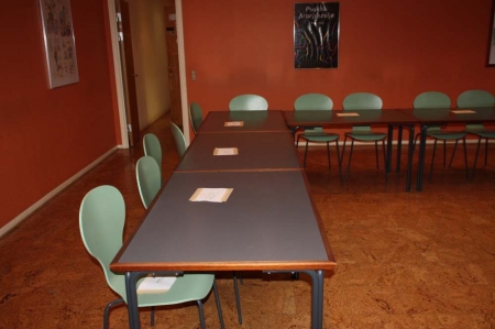 Everything in room except fixed installations including 9 tables + 14 chairs + body scale
