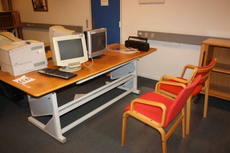 Sit / stand desks + 2 monitors + HP Printer + shelf + chair + photo