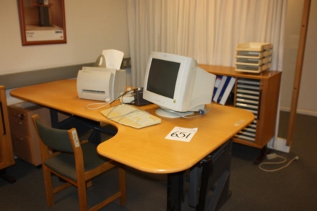 Sit / stand desks + HP laserjet 1100 printer + screen + drawer + shelf + photo