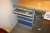 Work Bench, 225x75 cm, drawer, GWS, with content + tool trolley with 4 drawers + assortment rack + 3 section steel shelving (section: width 100 cm x height app. 150 cm) + aku drill, Bosch PSR12 VES 2 + steel tool cabinet