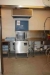 KEN hood dishwasher, model 411. + Steel table with sink and tap + steel table and tray trolley with shelves