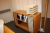 Sit / stand desks + HP laserjet 1100 printer + screen + drawer + shelf + photo