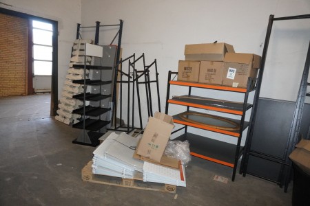 Large batch of display racks, racks, shelves, etc.