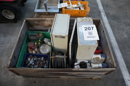 Pallet with various fittings, electrical cabinets, hoses etc.
