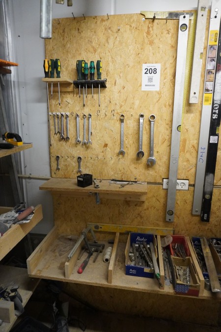 Various wrenches, screwdrivers, tops, drills, etc.