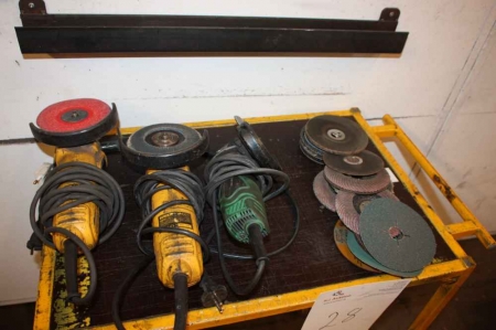 Trolley with 3 power tools: 2 x angle grinder, DeWalt D28151 - QS + angle grinder, Hitachi G 13SR3, fitted with Abrasive Discs + various extra Abrasive Discs