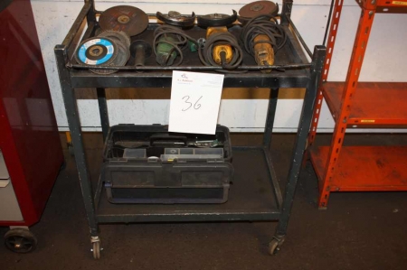 Trolley with tool box containing + 3 x Angle Grinders+ Abrasive Discs and cutting discs + steel rack with content