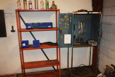 Steel Shelving with content + tool cabinet on wheels with content