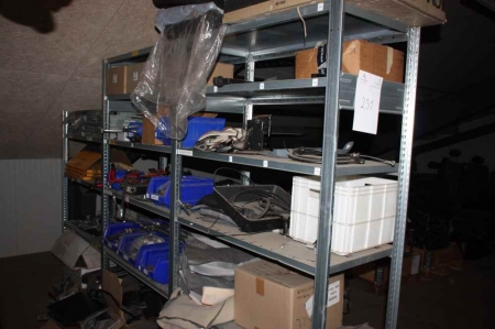 Steel Shelving, 3 sections. Contents: Various parts for building cars