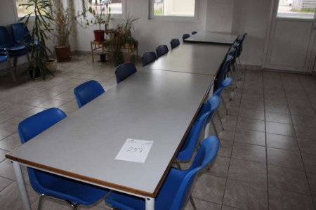 3 canteen tables + approx. 25 canteen chairs, blue + 2 x whiteboards