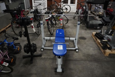 Exercise bench + barbell and weights