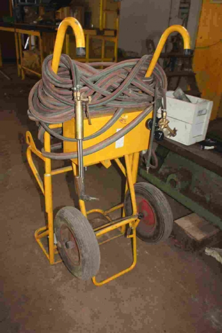 Oxygen and acetylene trolley with hoses, torch and pressure gauges