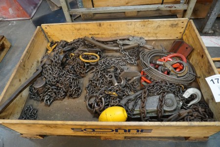 Large lot of lifting chains, hoists, weighers, etc.