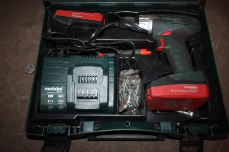 Cordless drill in box, Metabo, with 2 batteries, 18 V + charger