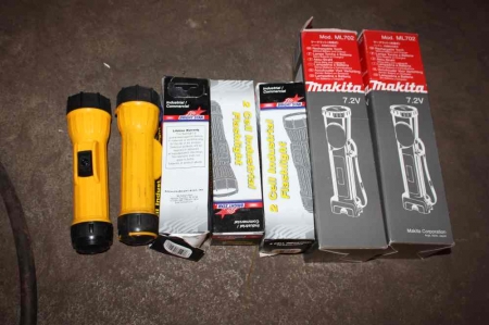 7 flashlights, including 2 (Makita), unused