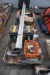 3 pallets with various garden tools, power tools, assortment shelves etc.