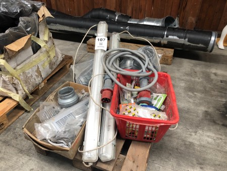 Lot of electrical parts, power plugs, led luminaires, etc.