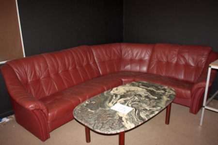 Hjørnelædersofa + sofaborde + bord