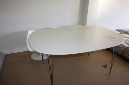 White elliptical table, dual + 3 white chairs