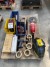Lot of mixed tools, fire extinguisher, welding mask etc.