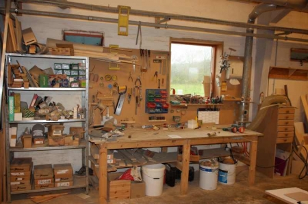 Work Bench + tools panel with content hand tools, etc. + drawer furniture with content + steel rack with content