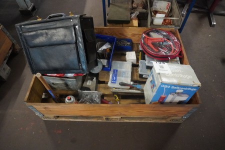 Pallet with various assortment boxes, jump leads, cutting discs, etc.